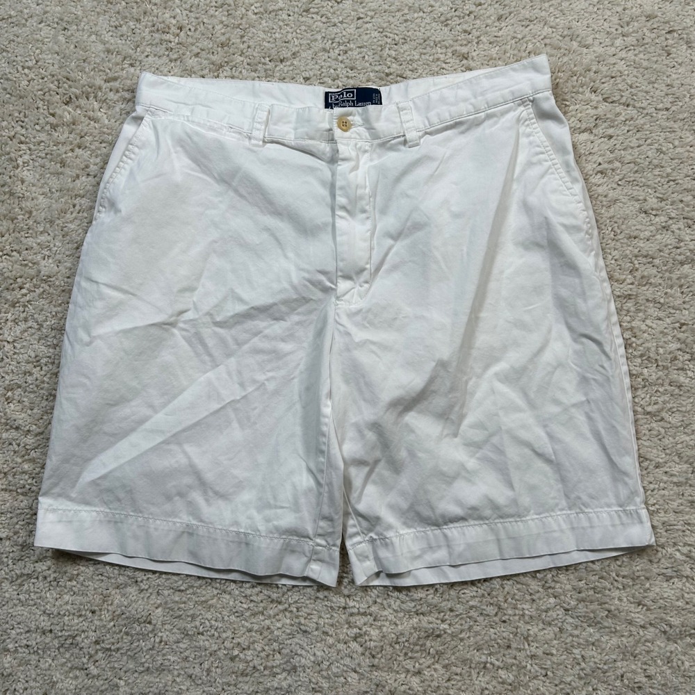 Polo Ralph Lauren Shorts 36 White Chino Cotton 9" Inseam Flat Front Preppy